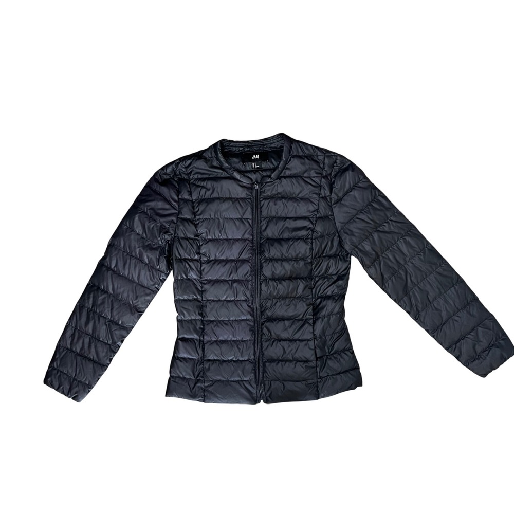 HM Womens Small Black Down Puffer Jacket Lightweight Quilted Collarless Zip Up